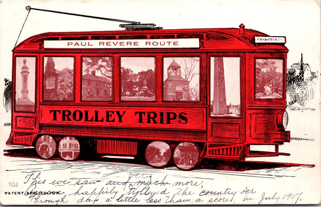 Train postcard - PAUL REVERE ROUTE trolley - 1907 postcard - A19524