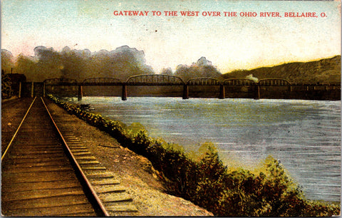 OH, Bellaire - Train track, Iron RR bridge, river scene postcard - C08120