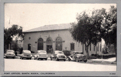 CA, Santa Maria - Post Office, old Cars, silver framed postcard - F09282