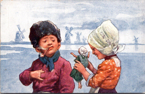 Greetings - Misc - Dutch Boy smoking pipe, girl and doll postcard - S01073