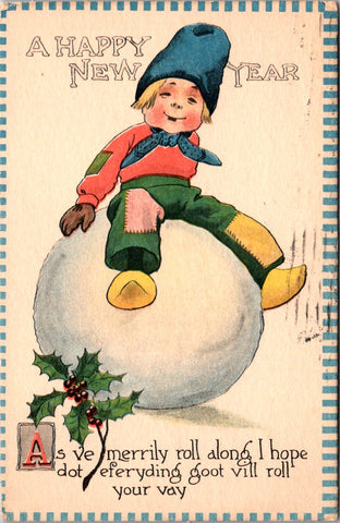 Greetings - Misc - Dutch BOY sitting on big snowball postcard - w02437