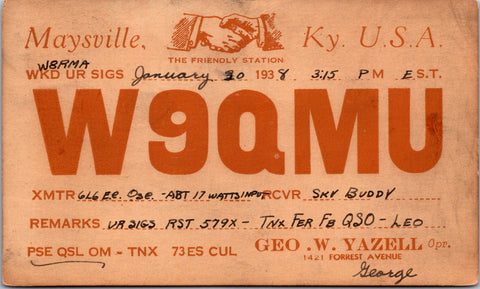KY, Maysville - QSL HAM or CB Radio Call Card - Geo W Yazell - 2k0638