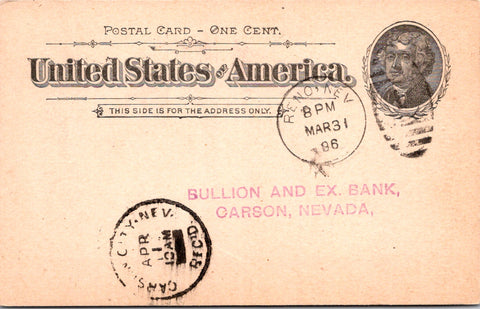 NV, Reno - FIRST NATIONAL BANK - C T Bender, Cashier - Postal Card - 2k0892