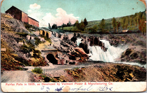 VT, Fairfax Falls - view of the falls, buildings, culvert? - 1908 postcard - 500259