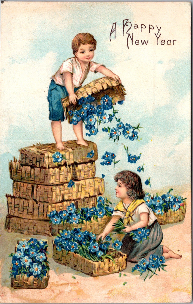 New Year - baskets of blue flowers - Alfred Holzman postcard - B10064