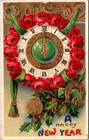 New Year - Red Roses around a large clock, horseshoe postcard - C08666