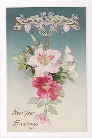 New Year - Greetings, pink and purple flowers - Winsch back - C08658