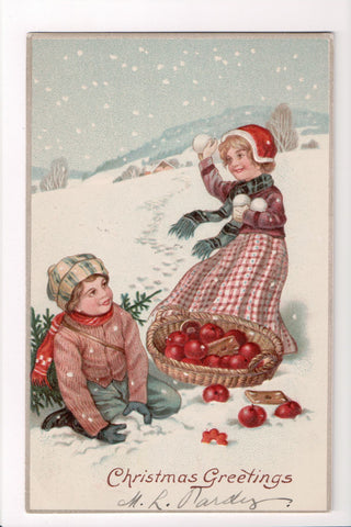 Xmas - Christmas Greetings - kids, snowballs, apple basket - C06736