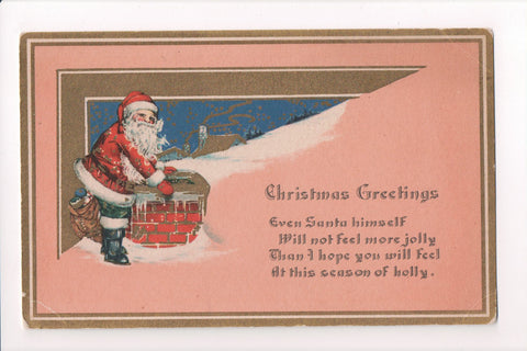 Xmas - Christmas Greetings - Santa entering chimney, orange card - C08639