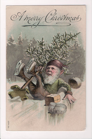 Xmas - A Merry Christmas - Elf with skates on, on his butt postcard - C17052