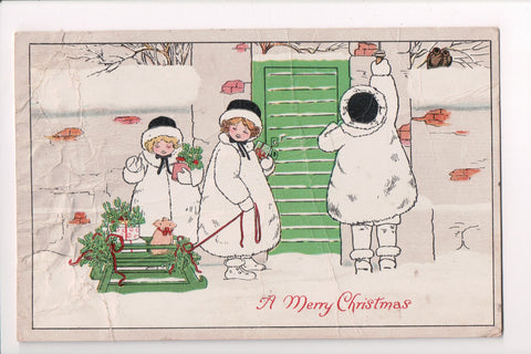 Xmas - A Merry Christmas - 3 girls in withe fur pulling sled - E10241 **Damaged