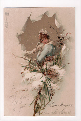 Xmas - A Very Merry Christmas - lady as if thru torn paper - S01411