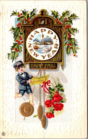 New Year - Youth mail carrier, large cuckoo clock postcard - J04059