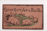Leather Postcard - Pigs escaping its pen - @1907 W B Heal - F09294
