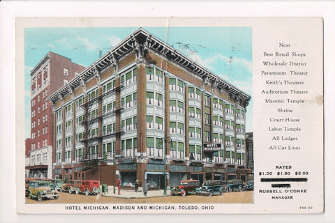 OH, Toledo - Hotel Michigan - @1934 - w01415 - postcard **DAMAGED / AS IS**