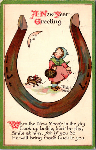 New Year - Horseshoe, moon, dog, girl - Ethel Dewees postcard - SH7296