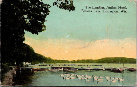 WI, Burlington - Brown Lake, Antlers Hotel landing - 1913 postcard - SL2220