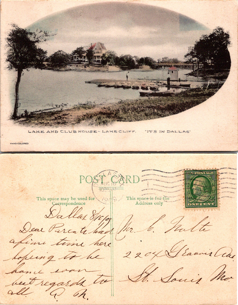 TX, Dallas - Lake Cliff Club House, lake - @1909 postcard - sl2239