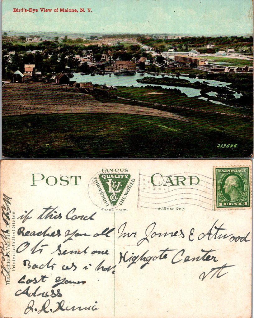 NY, MALONE - Bird Eye view @1912 postcard T00171