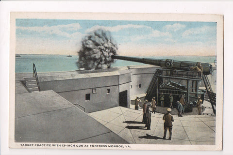 VA, Fortress Monroe - 13 inch GUN in target practice, vintage postcard - CP0352