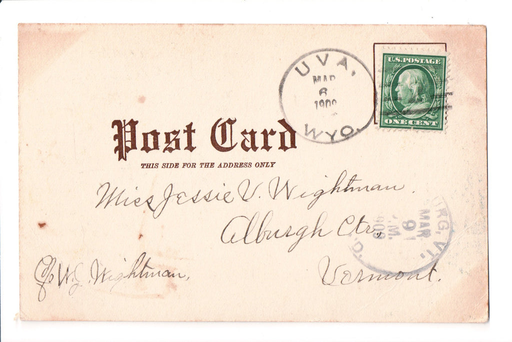 pm DOA - WY, Uva - 1909 Doane cancel - ? early pm - boA06813