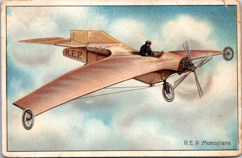 Plane postcard - R E P Monoplane, close up as if in sky - 2k0162
