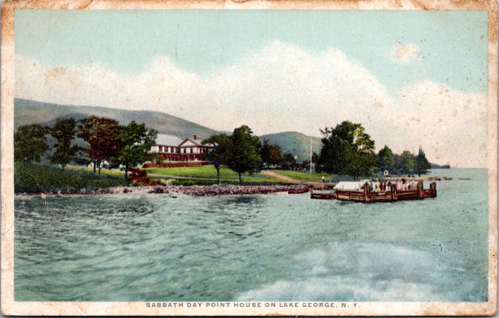 NY, Lake George - Sabbath Day Point, House, dock, people postcard - 2k1067