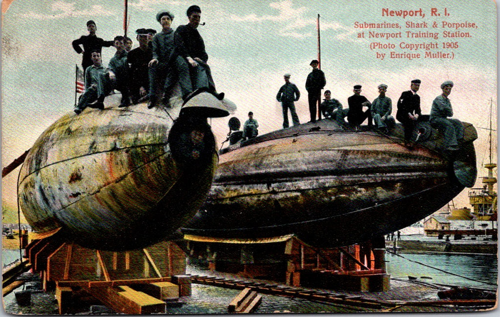 Ship Postcard - SHARK & PORPOISE submarines, men on top postcard - 2k1357
