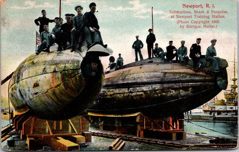 Ship Postcard - SHARK & PORPOISE submarines, men on top postcard - 2k1357