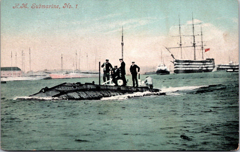 Ship Postcard - H M SUBMARINE, NO 1 - men on top in water postcard - 2k1368