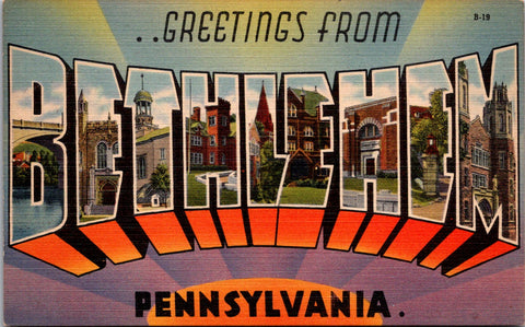 PA, Bethlehem - Large Letter, Greetings from - Mebane postcard - 2k1465