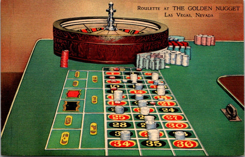 NV, LAS VEGAS - Golden Nugget Roulette wheel, chips, table postcard - 2K1480