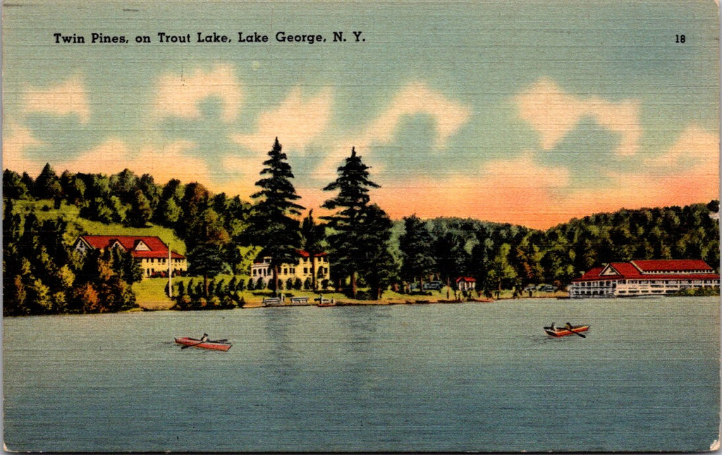 NY, LAKE GEORGE - Twin Pines on trout lake, buildings postcard - 2k1665