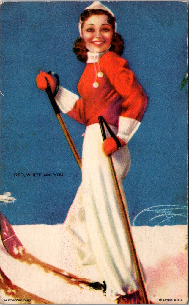 People - Female postcard - Pretty Woman on skis - mutoscope card - 2k0155