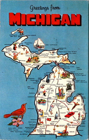 Mi, Michigan - Greetings From - Map postcard with towns etc - 2k0296
