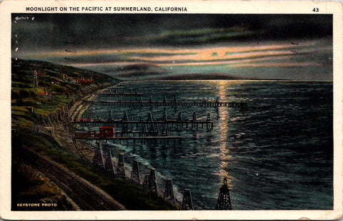 CA, Summerland aerial of piers with oil derricks - perfin stamp with AO - 2k0558