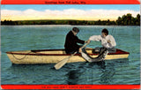 WI, PELL LAKE - greetings from - men in boat with large fish postcard - 2K0633