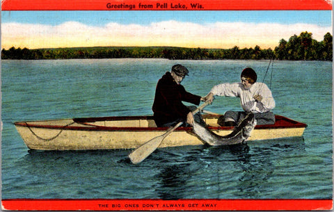 WI, PELL LAKE - greetings from - men in boat with large fish postcard - 2K0633