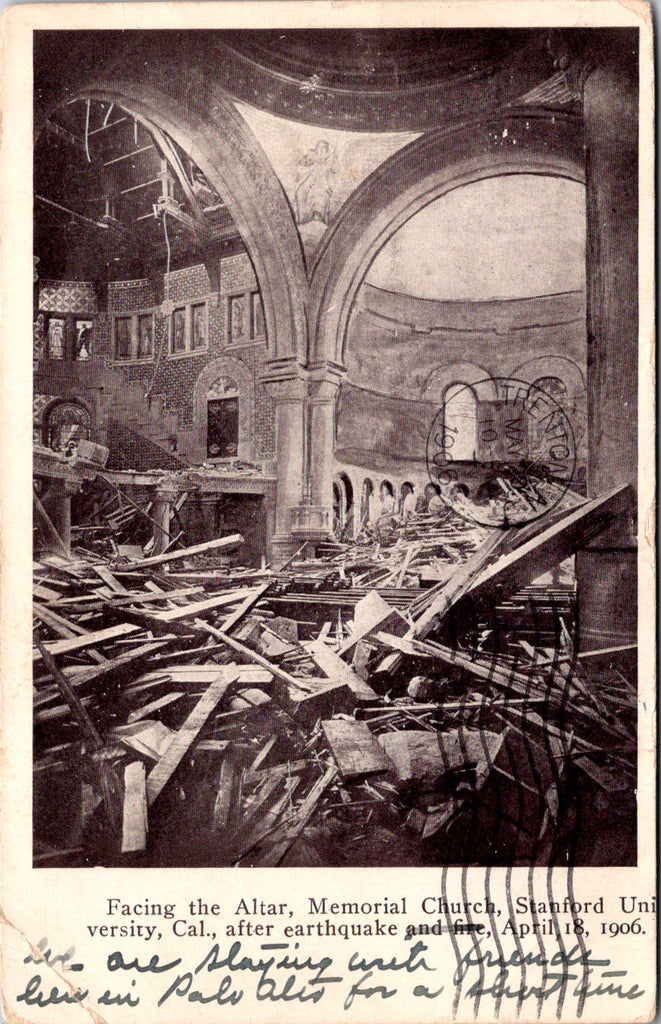 CA, San Francisco - Memorial Church interior after quake - 1906 postcard - 2k085