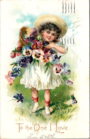 Valentine postcard - To the One I Love, girl with pansies - 606278
