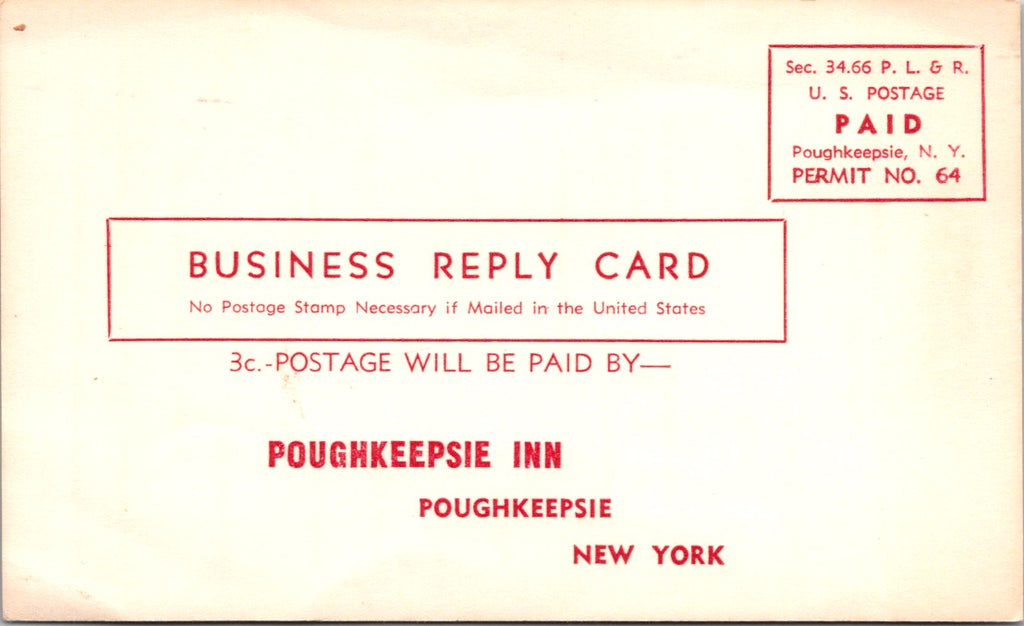 NY, POUGHKEEPSIE - Poughkeepsie Inn advertising card postcard - 800640