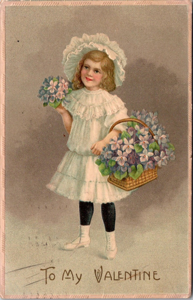 Valentine postcard - To My Valentine - little girl in white dress, hat - A06043