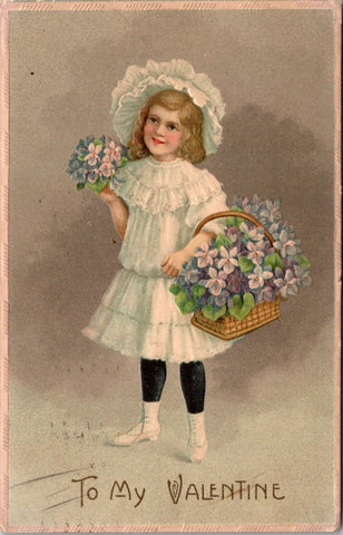Valentine postcard - To My Valentine - little girl in white dress, hat - A06043