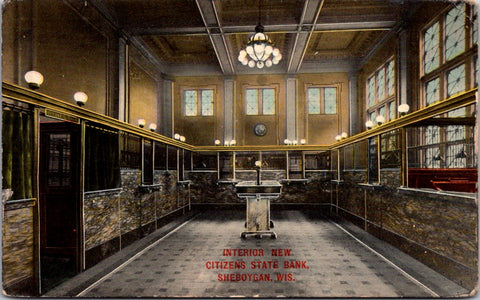 WI, Sheboygan - New Citizens State Bank interior close up postcard - A06159