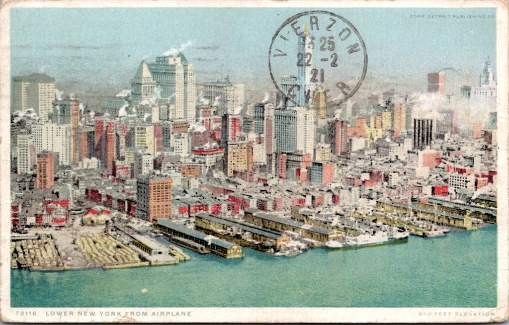 NY, NEW YORK CITY - lower New York from Airplane - @1921 postcard - A07314