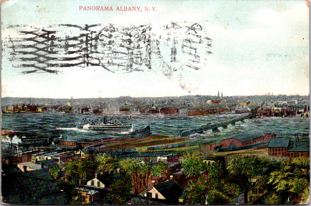 NY, Albany - Panorama showing a ship passing thru and buildings - A12044