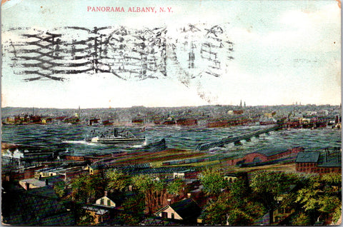 NY, Albany - Panorama showing a ship passing thru and buildings - A12044