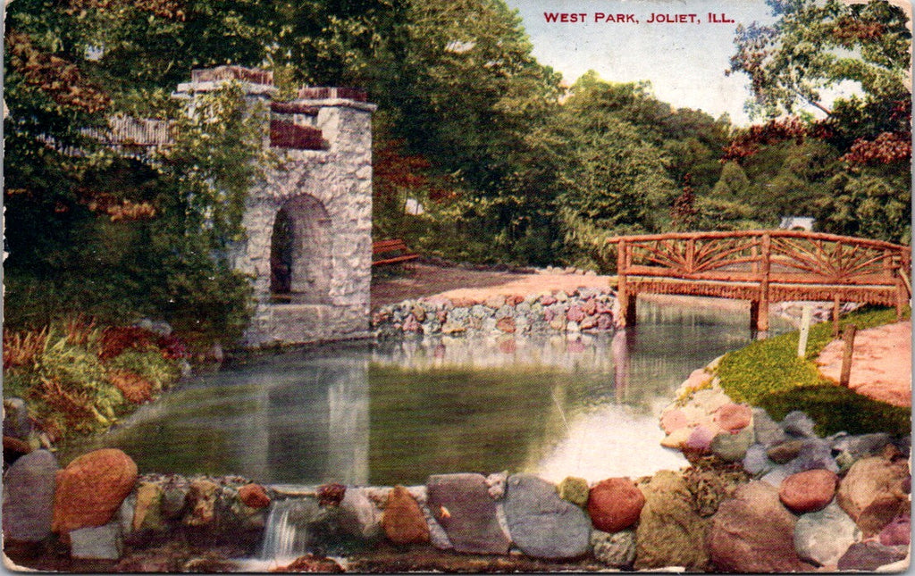 IL, Joliet Illinois - West Park, rustic bridge, pond, stone bldg postcard