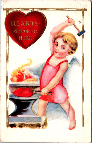 Valentine postcard - Hearts repaired Here - boy cupid blacksmith - A19126