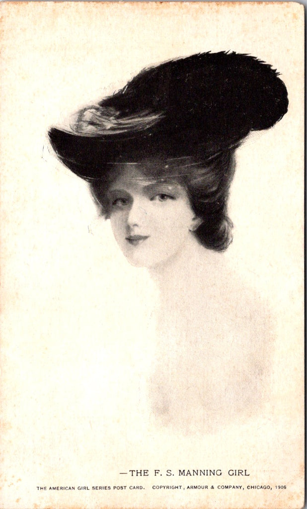 People - Female postcard - Pretty Woman, large hat - FS Manning Girl - A19395